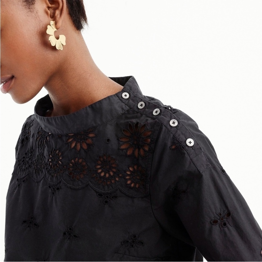 J. Crew Funnelneck Black Eyelet Long Sleeve Top - Picture 2 of 10